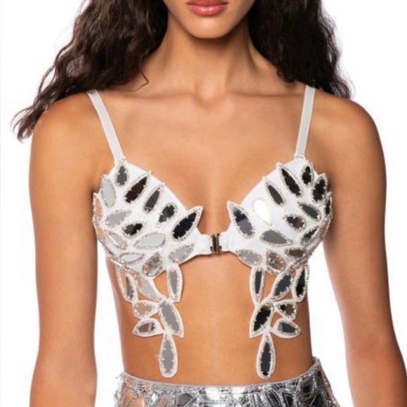 Tops - Embellished Silver Leaf Appliqué Bra Top